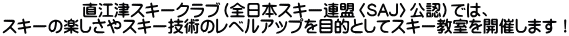 直江津スキークラブ（全日本スキー連盟〈SAJ〉公認）では、 スキーの楽しさやスキー技術のレベルアップを目的としてスキー教室を開催します！ 