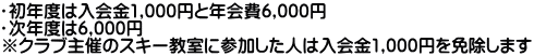 ・初年度は入会金1,000円と年会費6,000円 ・次年度は6,000円 ※クラブ主催のスキー教室に参加した人は入会金1,000円を免除します